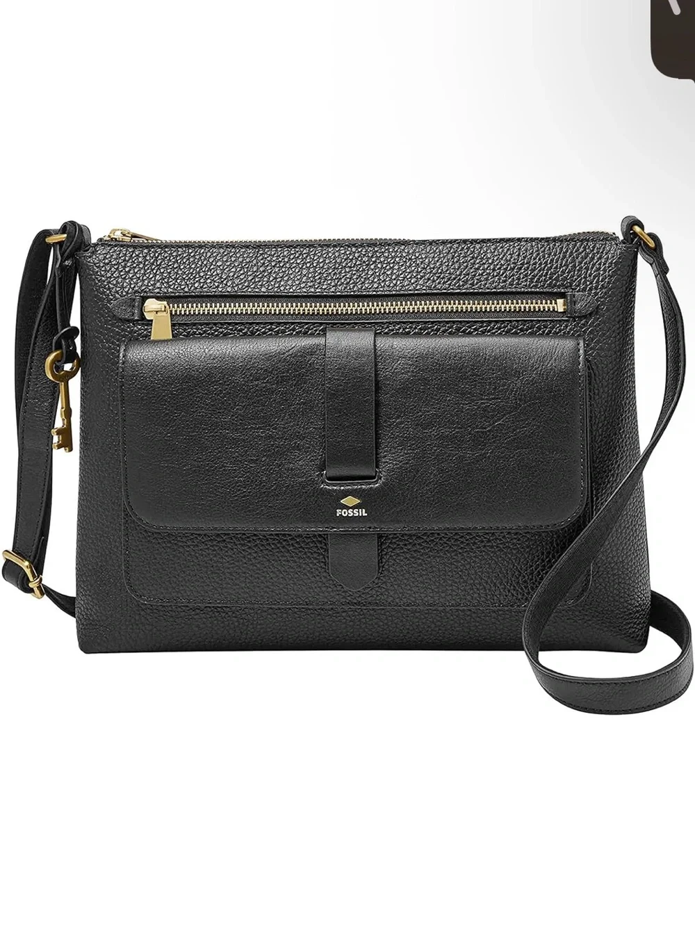 Fossil Black Leather Messenger with Gold Hardware